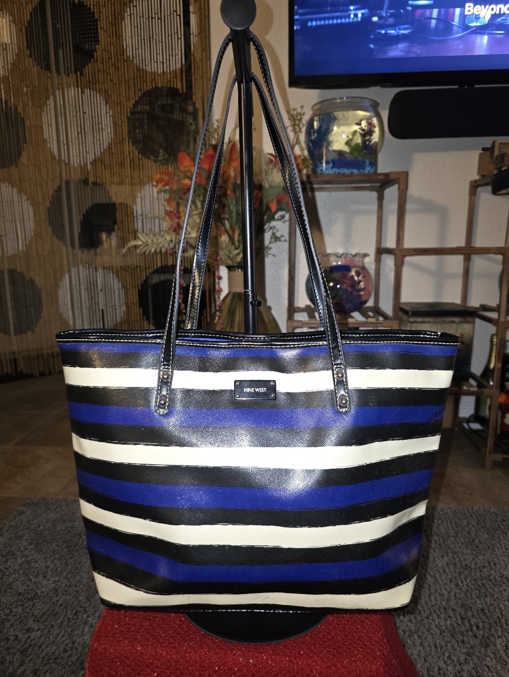Nine West Blue Black and White Striped Tote